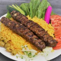 Beef Kefta Kabab Entree · Skewers of our special recipe of ground beef mixed with onion, cilantro, parsley, green pepp...