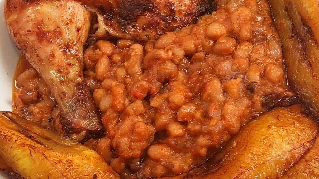 Beans And Plantain · Black eyed peas cooked in a tomato base with a unique blend African spices and a touch of pepper, served with fried plantain and choice of beef, chicken, fish or goat meat.