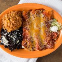 Tres Enchiladas · Three enchiladas with flour tortillas, shredded cheese, enchilada sauce and your choice of c...