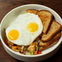 Wild Fork Hash · Two eggs cooked any style on top of sausage, bacon, bell peppers, mushrooms, potatoes, chees...