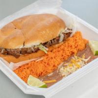 Torta Combo Meal · A mexican sandwich with your choice of meat, beans, lettuce, tomato, sour cream and cheese.