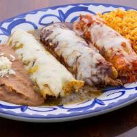 Trio Enchiladas · Three corn tortillas, shredded. chicken, Chihuahua cheese, ground. beef. Three sauces: ranch...