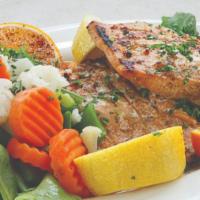 Salmon Kabab · Char-grilled marinated salmon served with mixed vegetables.