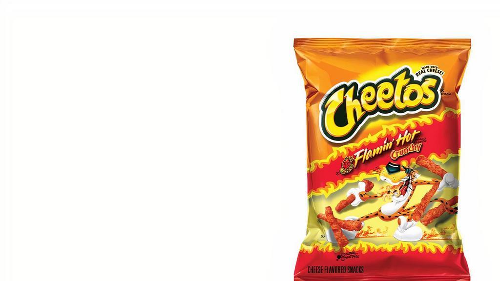 Cheetos®  Crunchy Flamin' Hot · Hot, spicy flavor packed into crunchy, cheesy snacks. CHEETOS® Crunchy FLAMIN’ HOT® Cheese Flavored Snacks are full of flavor and made with real cheese.
