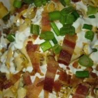 Dirty Fries · French fries with brisket, bacon, shredded cheese, green onions, sour cream, dirty sauce and...