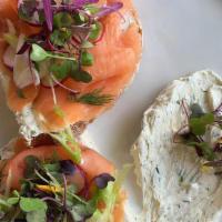 Salmon Toast Sandwich · Herbed cream cheese, green onions, cucumber, and microgreens.