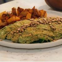 Green Superfood Omelet · Gluten Free. Spinach, kale, and spirulina powder. Topped with sunflower seeds. Served with h...