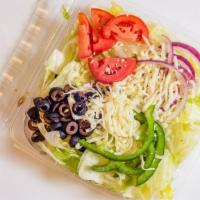 Garden Salad · Lettuce, Tomatoes, Green Peppers,  Onions, Mozzarella and Black Olives.