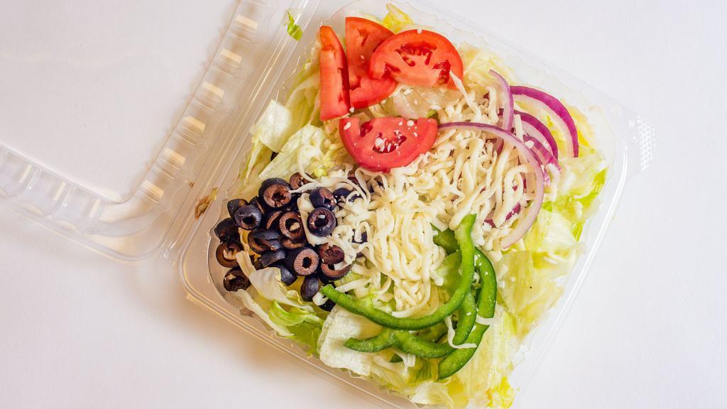 Garden Salad · Lettuce, Tomatoes, Green Peppers,  Onions, Mozzarella and Black Olives.