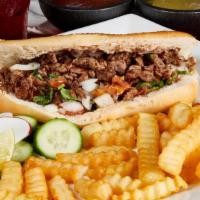 Torta (Mexican Sandwich) · Large sandwich stuffed with beans, onion, cilantro, tomato, green salsa & your choice of mea...
