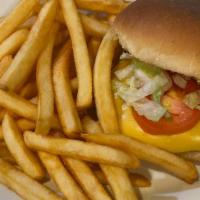 Hamburguesa/ Hamburger · Beef patty inside bun garnished with mayo, lettuce, American cheese, and tomato. served with...