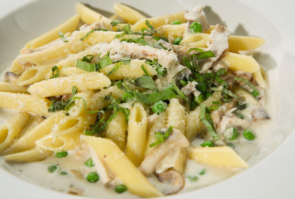 Penne Rustica · Light cream sauce, peas and mushrooms on penne pasta.