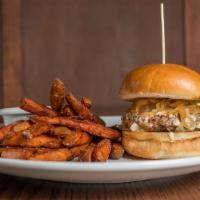 Gnome Burger · 6oz pork belly and skirt steak blended burger with bacon jam, romaine, gnome sauce, smoked g...