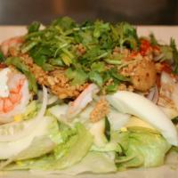 Yum Yai Thai Salad · Gluten-free. Thai version of ‘chef salad. ’ crisp vegetables, sliced hard-boiled egg, shrimp...