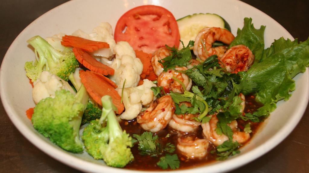 Drunken Shrimp · Spicy. Shrimp stir fried with crushed garlic and fresh chili pepper. Served with steamed vegetables.