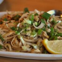 Pad Thai · Rice noodles with eggs, beans sprouts, green onions, and topped with ground peanuts.