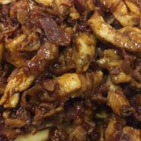 Bbq Chicken · CHICKEN BACON ONIONS CHEESE SMOTHERED IN BBQ SAUCE