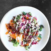 Santa Monica Shred · carrots, beets, roasted broccoli, sunflower sprouts, red onion, toasted walnuts, crunchy qui...