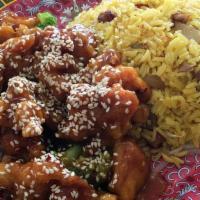 Sesame Chicken Lunch · Hot and spicy.