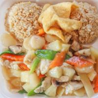 Chicken Pineapple  · There are mostly pineapple and white meat chicken with some other vegies like mushroom, snow...