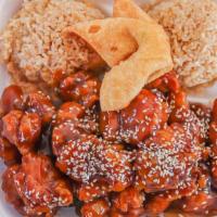 Sesame Chicken   · Deep fried battered dark meat chicken coated with sweet sauce and contains sesame seed on to...