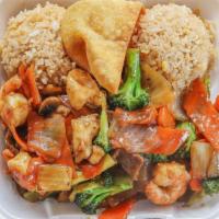 Combo Teriyaki · Stir fried dish with chicken, shrimp, beef, broccoli, carrot, mushroom, and onions. Sautéed ...