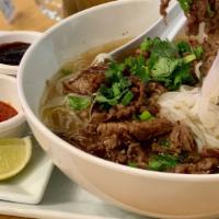 Vietnamese Pho Noodle Soup · rice noodles | homemade pho broth | thinly sliced top sirloin green & white onion | cilantro