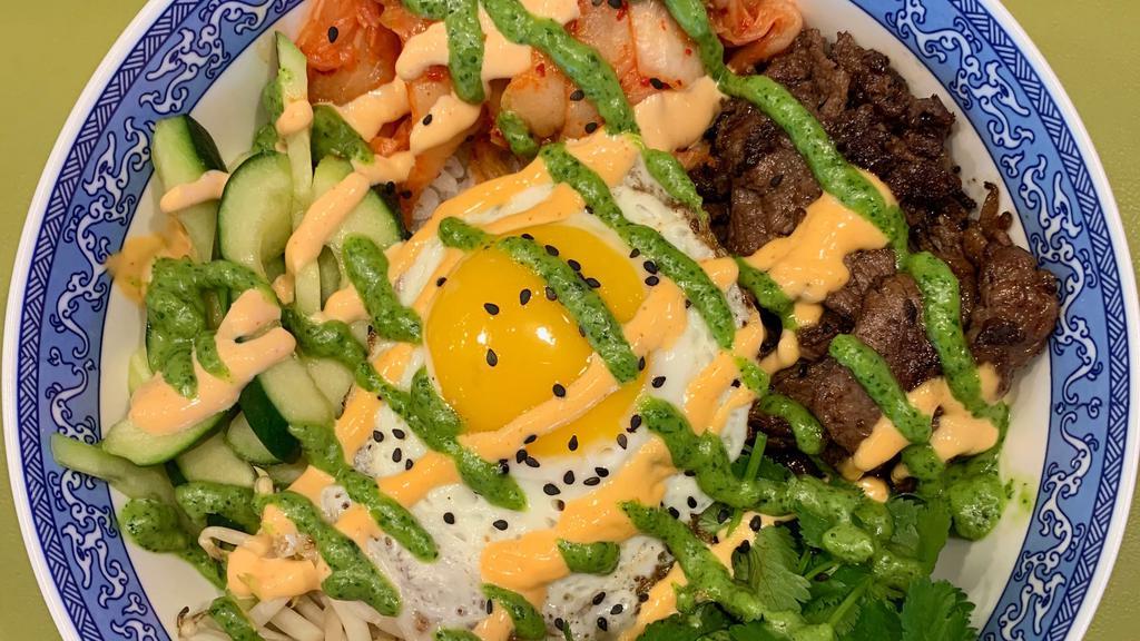 Riviere Rice Bowl (1 Protein) · steamed rice | pickled carrot | cucumber | bean sprout kimchi | sunny side egg | choice of protein | choice of sauce