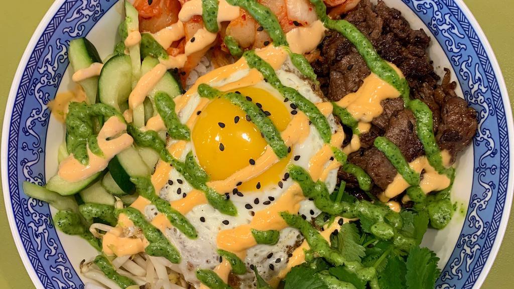 Riviere Rice Bowl (2 Proteins) · steamed rice | pickled carrot | cucumber | bean sprout kimchi | sunny side egg | choice of protein | choice of sauce