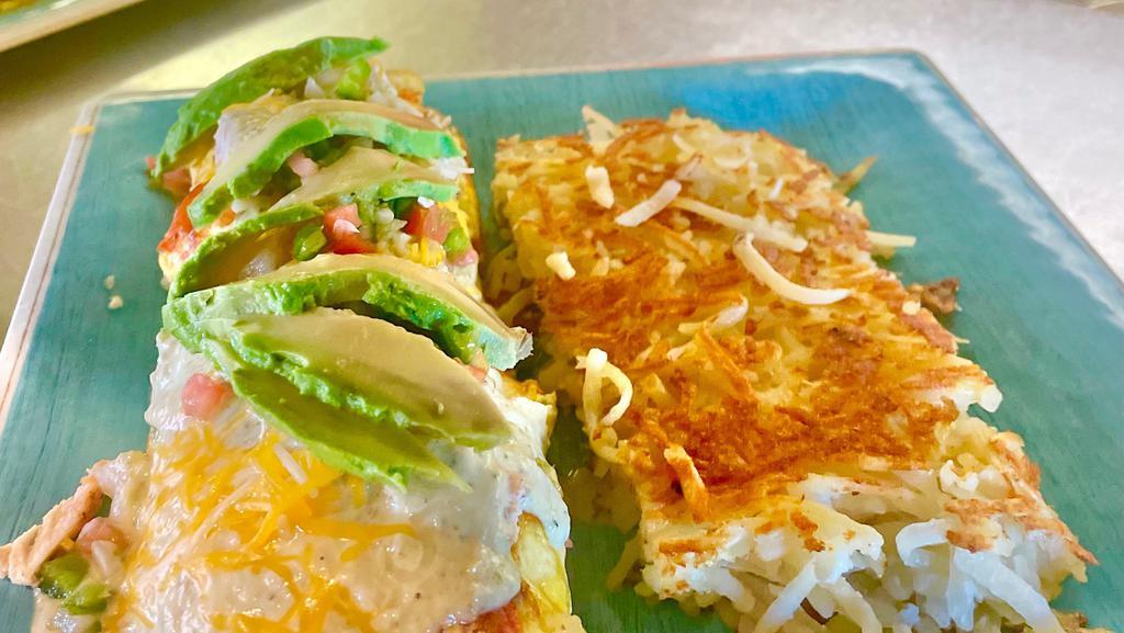 Jalapeño Chicken Avocado Omelet · Made with chicken, onion, tomato, bell pepper and topped with our homemade jalapeño sauce, monterey jack cheese and avocado.