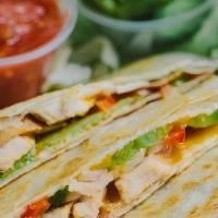 Cheese Quesadilla · Mexican blend cheese melted on a flour tortilla with a side of shredded lettuce, salsa & sou...