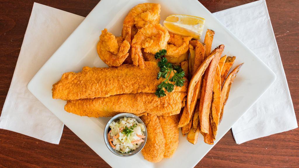 Catfish & Shrimp Dinner · 2 Catfish Fillets & 4 Jumbo Shrimp served with fries and Cole Slaw.
