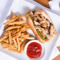 Philly Chicken Sandwich (On American Bread) · Served with frilled onions, mushrooms, and green peppers. Topped with your choice of melted ...