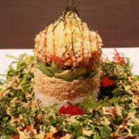 Tokyo Tower - Not A Roll · Stack of Spicy tuna, Spicy crab, Avocado, Rice, Fresh vegetable, Tobiko, Crunch, Spicy mayo,...