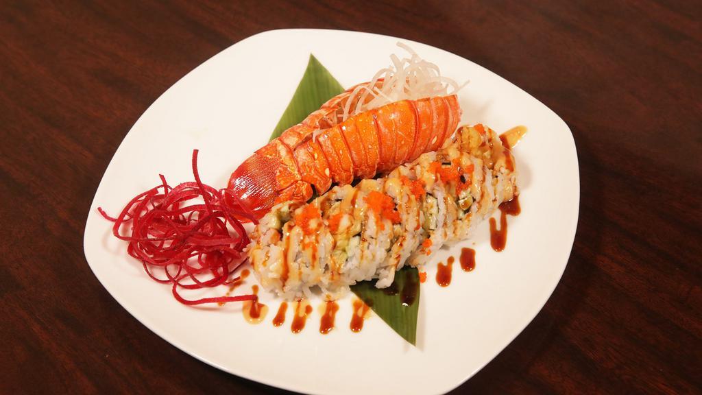 Lobster · Deep fried lobster, Snow crab, Cucumber, Avocado. Masago, Eel sauce, Samurai sauce on top.