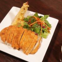Chicken Katsu · Deep fried chicken cutlet. Comes with steamed rice, salad, 2 pcs shrimp tempura.