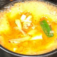 Spicy Seafood Tofu Soup · Spicy soft tofu soup with assorted seafood and egg