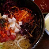 Sashimi Rice Bowl · Variety of fresh vegetables, cubed raw fish on top of steamed rice with sweet Korean red pep...