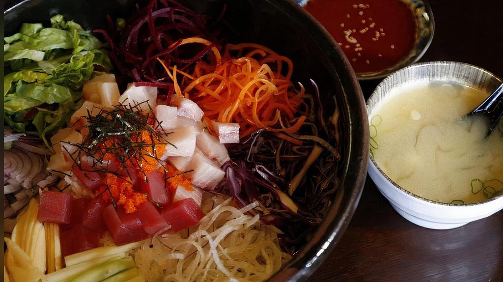Sashimi Rice Bowl · Variety of fresh vegetables, cubed raw fish on top of steamed rice with sweet Korean red pepper paste