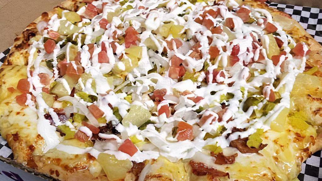 Caribbean Twist Pizza (Small) · Our trademark pie! Honey mustard base, ham, and bacon. After we bake it, we finish it with our homemade Caribbean salsa and ranch dressing.