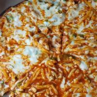 Buffalo Chicken Pizza (Small) · Marinara base with crispy buffalo chicken, green peppers, onions, crisscrossed with our wing...