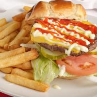 Cheeseburger (1/3 Lb) With Fries · Grilled 1/3 pound 100% beef patty topped with American cheese, lettuce, mayonnaise, ketchup,...