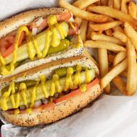 Hot Dogs (2) · TWO (2) 100% beef hot dogs made Chicago-style (Topped with mustard, diced onions, tomatoes, ...