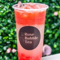 Strawberry Rose Lemonade · With strawberry bursting boba.
