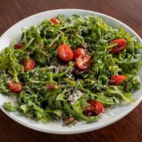 Arugula Salad · arugula, chicken, pistachios, cherry tomatoes, balsamic, extra virgin olive oil, garlic, sha...