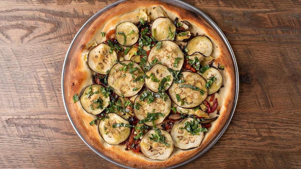 Gf Pizza Genco (Vegan) · (vegan no cheese) eggplant, roasted red peppers, portobello mushroom, artichoke hearts, roasted garlic, basil, house made garlic infused extra virgin olive oil