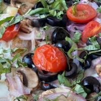 Vegetarian Maximus Roman · mozzarella, potato, mushroom, black olive, pizza sauce, cherry tomato, basil, salt, garlic-i...
