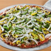 Veggie · Mushrooms, onions, green peppers, black olives, mozzarella & provolone cheeses.