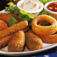 Appetizer Combo · 1 lb. onion rings, breaded mushrooms, cheese sticks, and breaded zucchini.