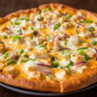 Buffalo Chicken · Buffalo sauce, grilled chicken, green peppers, onions and a blend of cheeses.